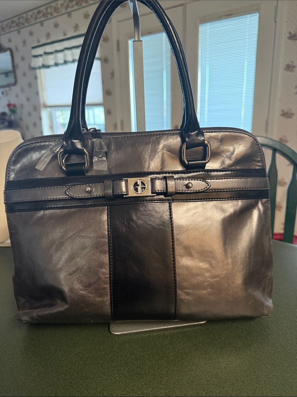 Gianni Bini Black and Silver Leather Women's Tote Bag with Belt Accent NWOT